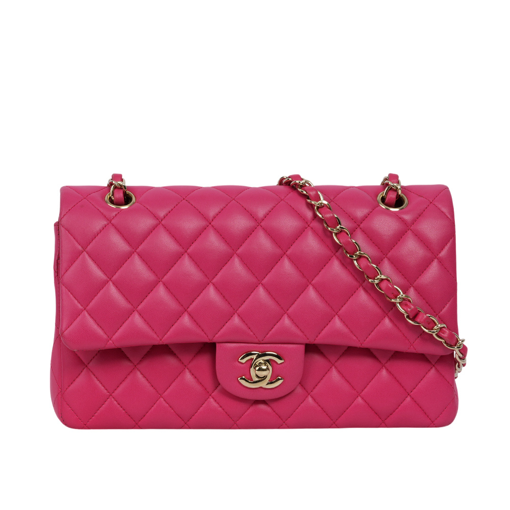 【CHANEL】金釦菱格紋小羊皮 25cm COCO包/口蓋包(桃紅色) A01112 Y04059 2A995