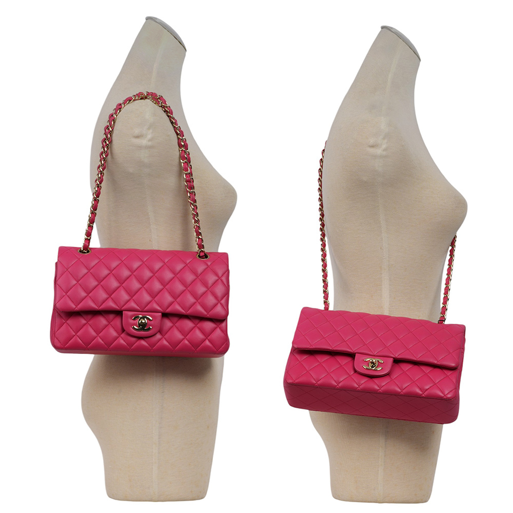 【CHANEL】金釦菱格紋小羊皮 25cm COCO包/口蓋包(桃紅色) A01112 Y04059 2A995