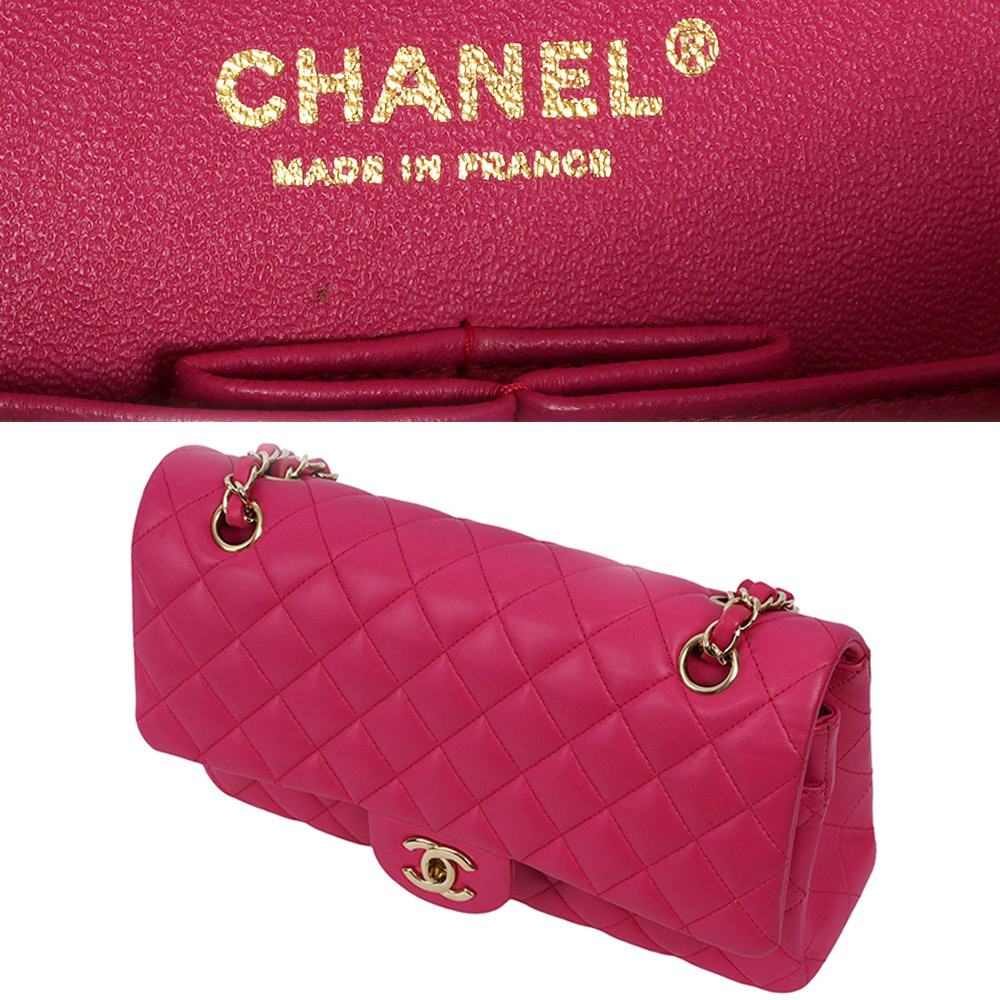 【CHANEL】金釦菱格紋小羊皮 25cm COCO包/口蓋包(桃紅色) A01112 Y04059 2A995
