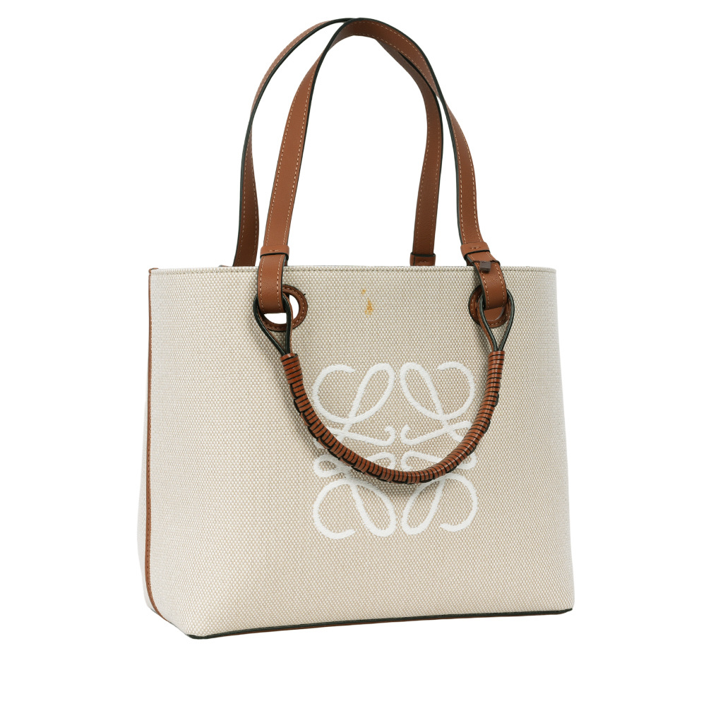 【LOEWE】Anagram 緹花布及小牛皮小款二用托特包(米色/棕褐色)