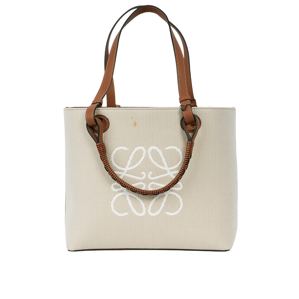 【LOEWE】Anagram 緹花布及小牛皮小款二用托特包(米色/棕褐色)