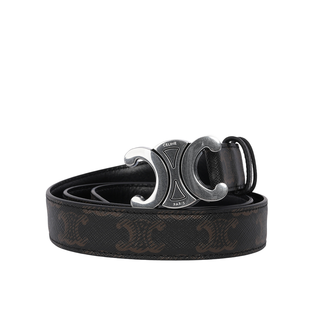【CELINE】TRIOMPHE 銀釦塗層帆布中腰皮帶80/85/90cm / 寬2.5cm