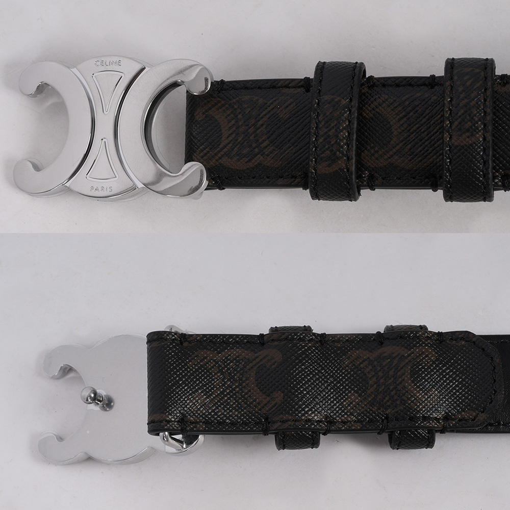 【CELINE】TRIOMPHE 銀釦塗層帆布中腰皮帶80/85/90cm / 寬2.5cm  (黑色) 45AKA2ACO.38SI