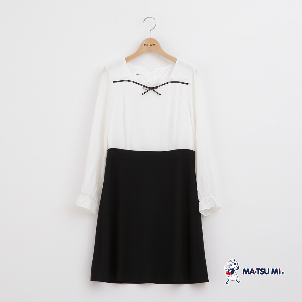 MA‧TSU Mi 優雅雪紡小蝴蝶結撞色洋裝(白)