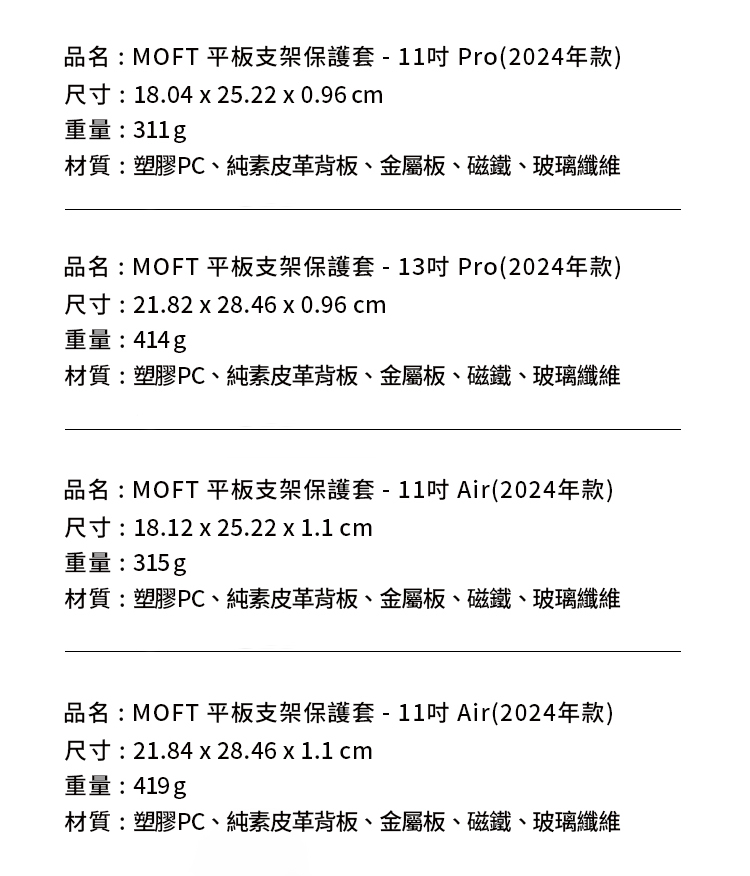 品名:MOFT 平板支架保護套-11Pro(2024年款)尺寸:18.04 25.22 0.96 cm重量:311g材質:塑膠PC、純素皮革背板、金屬板、磁鐵、玻璃纖維品名:MOFT 平板支架保護套-13Pro(2024年款)尺寸: 21.82 28.46 0.96 cm重量:414g材質:塑膠PC、純素皮革背板、金屬板、磁鐵、玻璃纖維品名:MOFT 平板支架保護套-11Air(2024年款)尺寸:18.12 x 25.22 x 1.1 cm重量:315g材質:塑膠PC、純素皮革背板、金屬板、磁鐵、玻璃纖維品名:MOFT 平板支架保護套-11吋Air(2024年款)尺寸:21.84 x 28.46 x 1.1 cm重量:419g材質:塑膠PC、純素皮革背板、金屬板、磁鐵、玻璃纖維