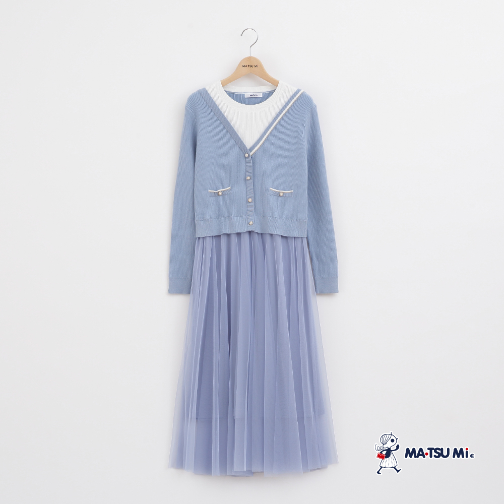 MA‧TSU Mi 優雅一套式針織網紗洋裝(水藍.黑)