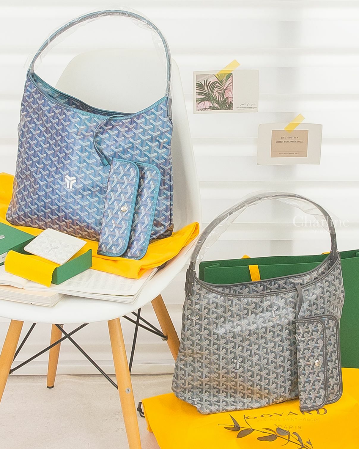 Goyard Bohème Hobo 2024 珠光藍小牛皮手提肩背包,Goyard Bohème Hobo 灰色手提肩背包,Goyard Saint-Sulpice 白色小牛皮拼黃色夾層內裡卡片夾-Charline Boutique 精品代購