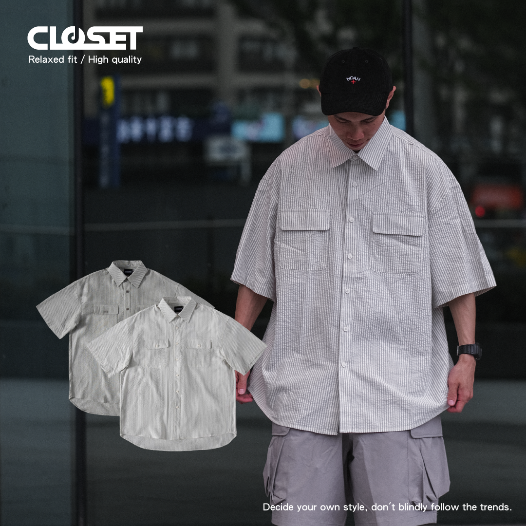 D.CLOSET 泡泡棉條紋口袋襯衫 白色 綠色