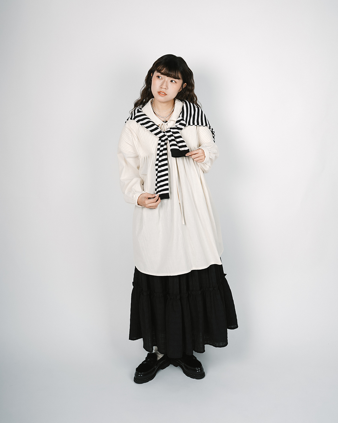 綁繩領口直紋拼布傘Top