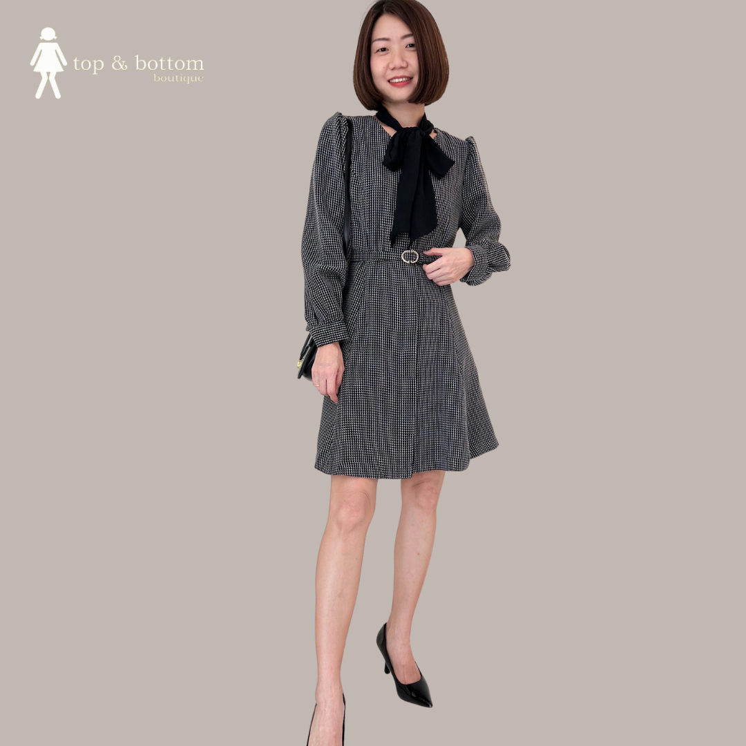 LONG SLEEVE TWEED PLAID ALINE DRESS WITH SCARF