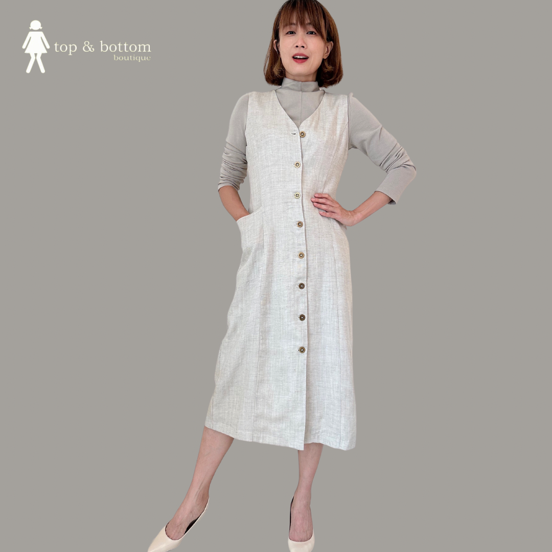LINEN SLEEVELESS BUTTON MIDI DRESS