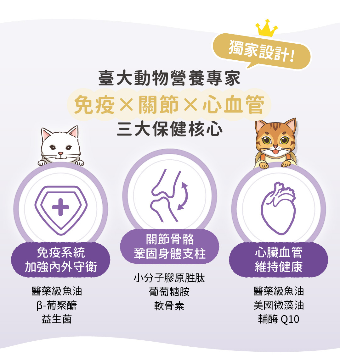 獨家設計,臺大動物營養專家研發,結合免疫、關節與心血管三大保健核心。加強免疫系統內外守衛,含醫藥級魚油、β-葡聚醣及益生菌。鞏固關節骨骼,提供小分子膠原胜肽、葡萄糖胺及軟骨素。維持心臟血管健康,含醫藥級魚油、美國微藻油及輔酶Q10。