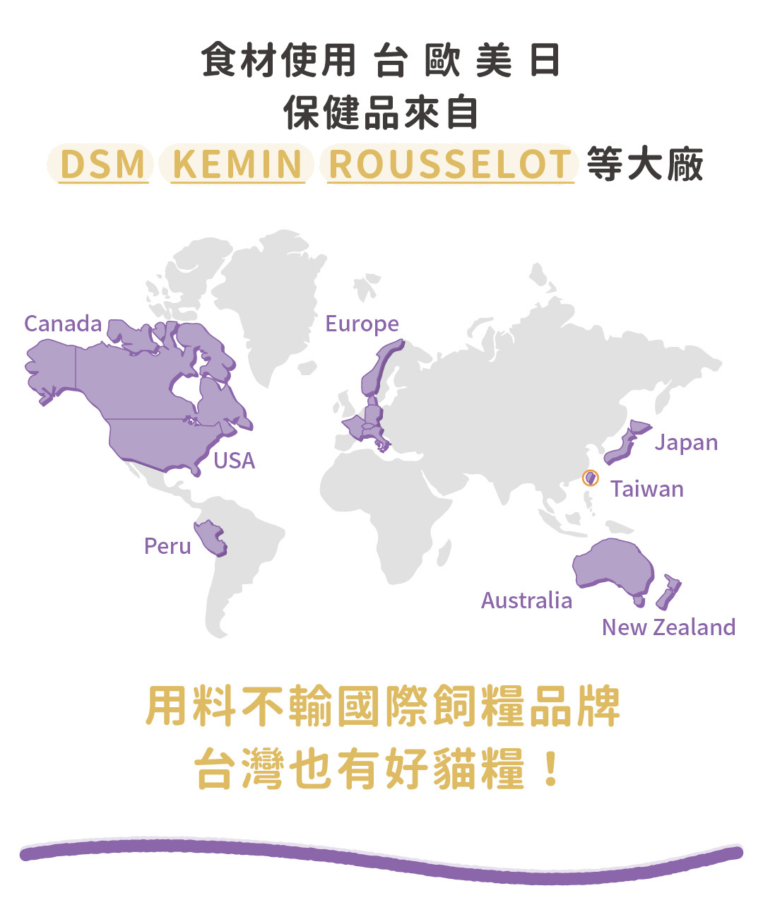 選用來自台灣、歐美及日本的優質食材,使用DSM、KEMIN、ROUSSELOT等大廠原料,提供高品質台灣製造貓糧、貓飼料。