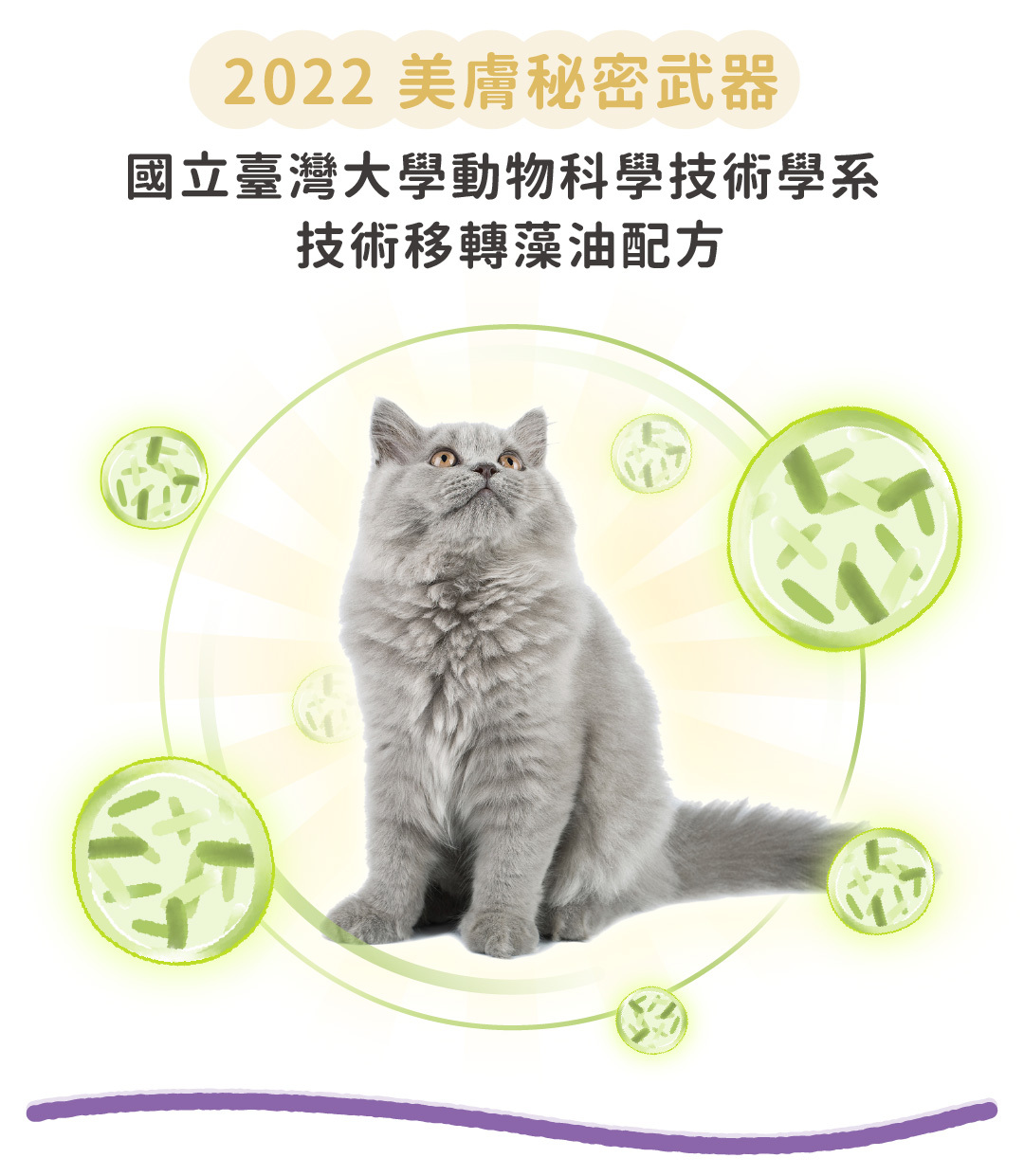 「2022美膚秘密武器」,由國立臺灣大學動物科學技術學系技術移轉的藻油配方,專為幫助皮膚健康與毛髮光澤設計。