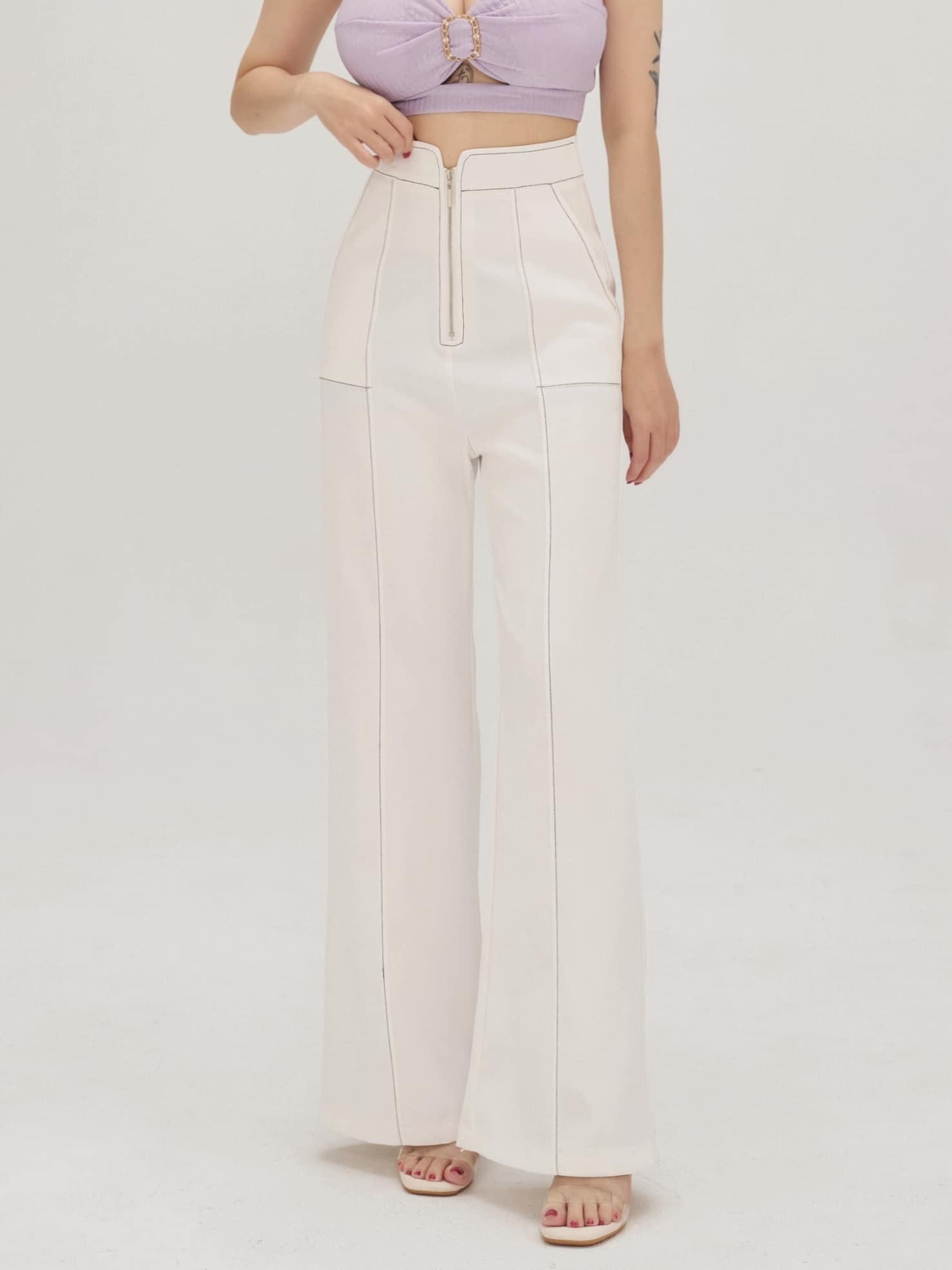 配色車線高腰微喇寬褲（白色S/M）05