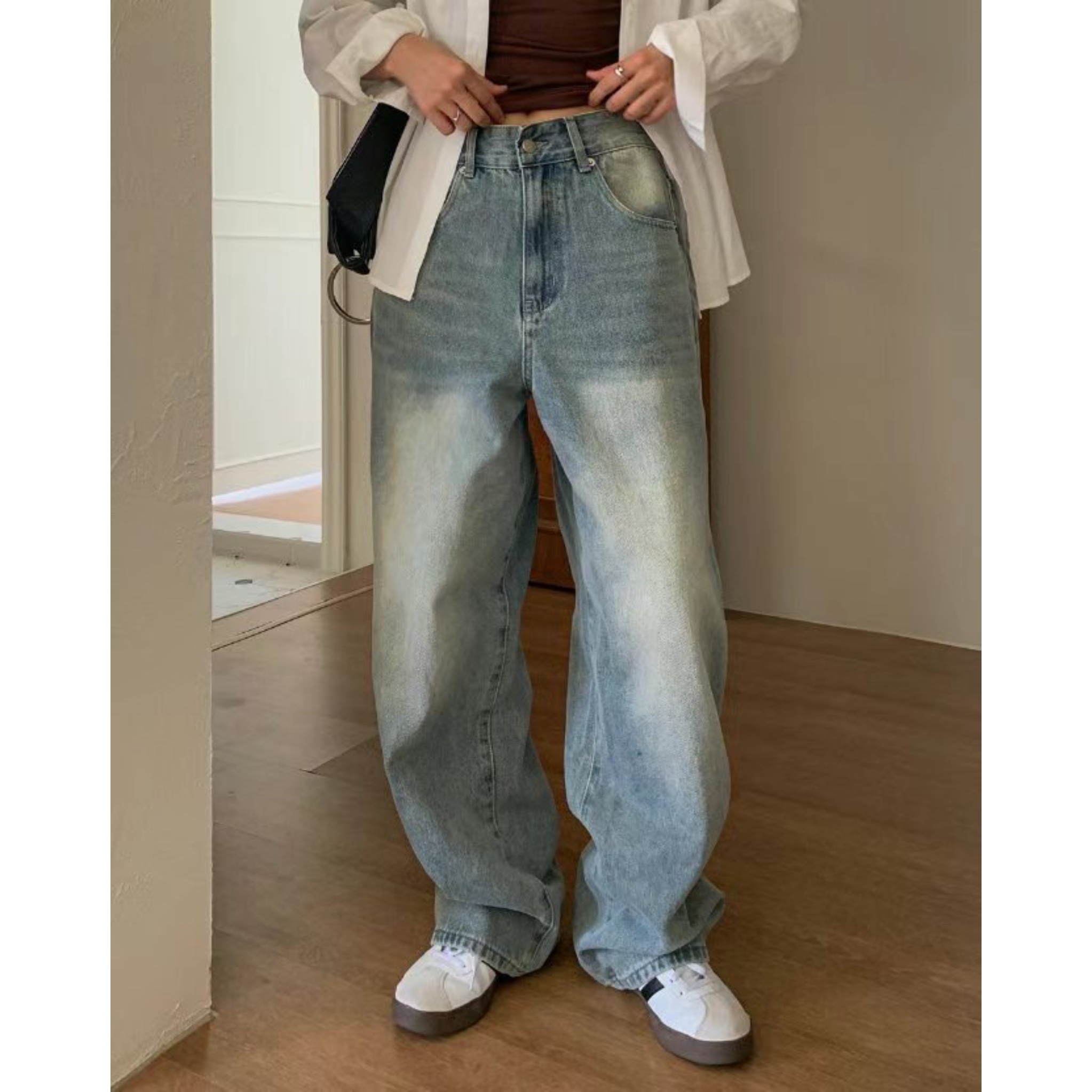 韓版 MEJOR 刷色 牛仔長褲 寬褲 淺牛仔