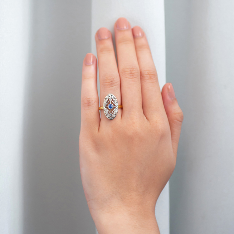 藍寶石18K蕾絲戒指 美好年代風格