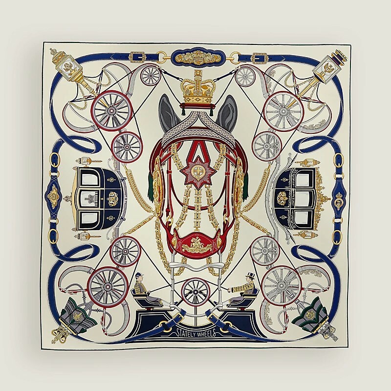 HERMES Stately Wheels scarf 90 crème / bordeaux / bleu