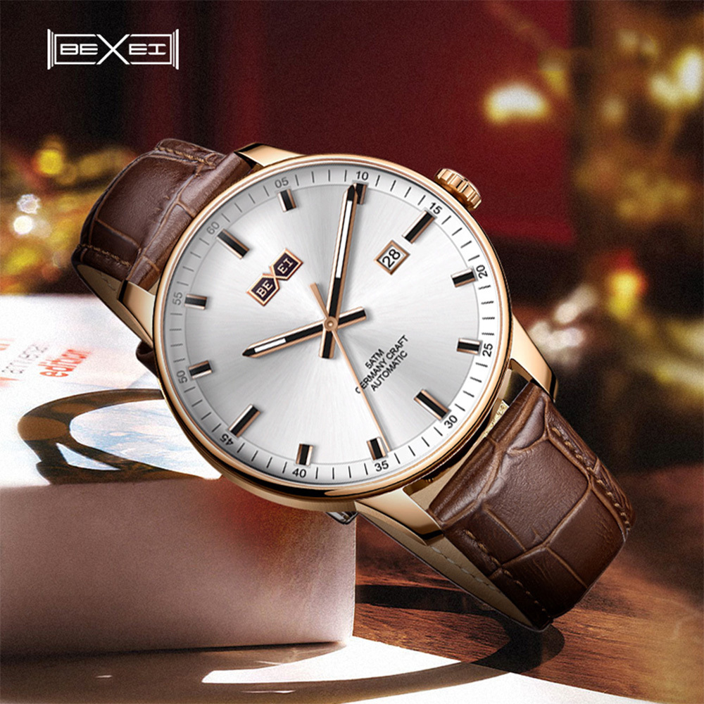【BEXEI 貝克斯】 9067 簡約 休閒 百搭 日期顯示 夜光 皮革 機械 手錶 男錶 腕錶 紳士