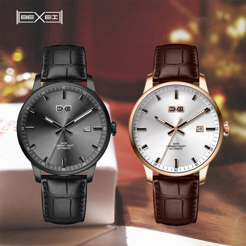 【BEXEI 貝克斯】 9067 簡約 休閒 百搭 日期顯示 夜光 皮革 機械 手錶 男錶 腕錶 紳士