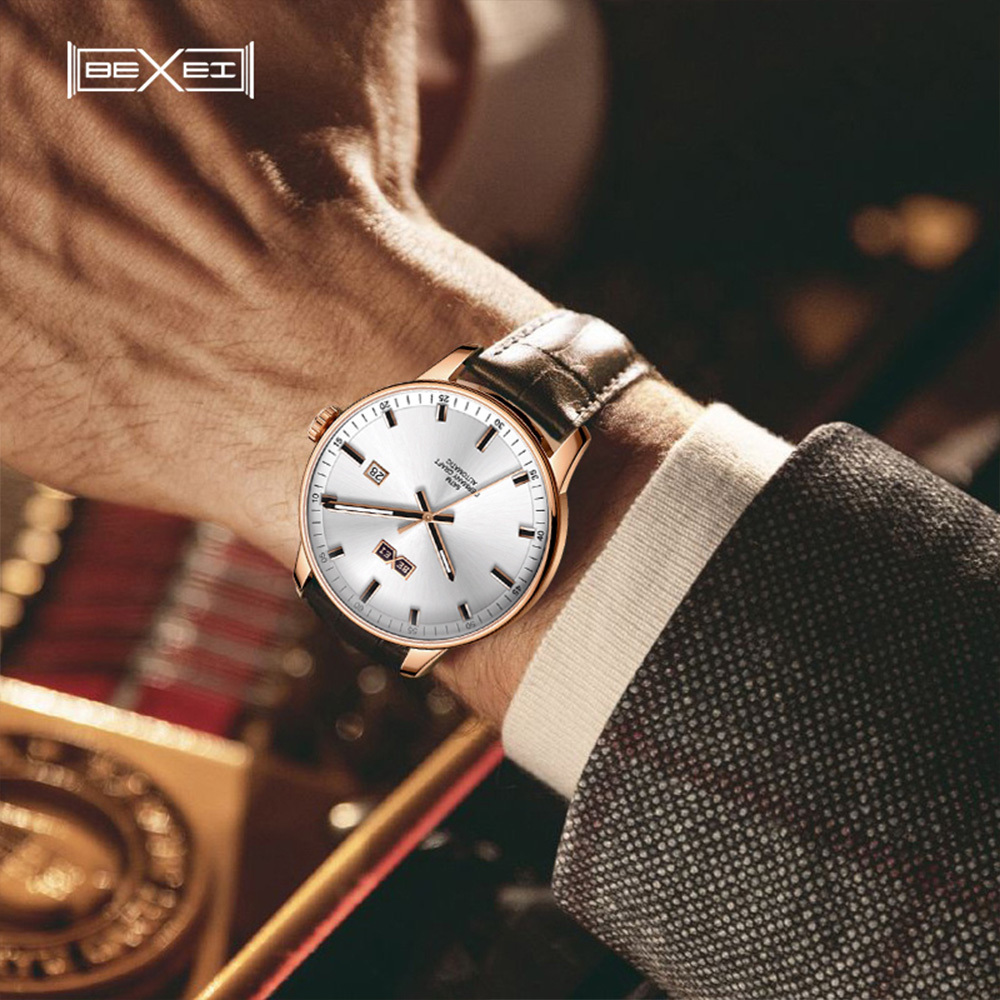 【BEXEI 貝克斯】 9067 簡約 休閒 百搭 日期顯示 夜光 皮革 機械 手錶 男錶 腕錶 紳士