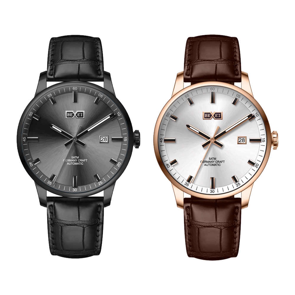 【BEXEI 貝克斯】 9067 簡約 休閒 百搭 日期顯示 夜光 皮革 機械 手錶 男錶 腕錶 紳士
