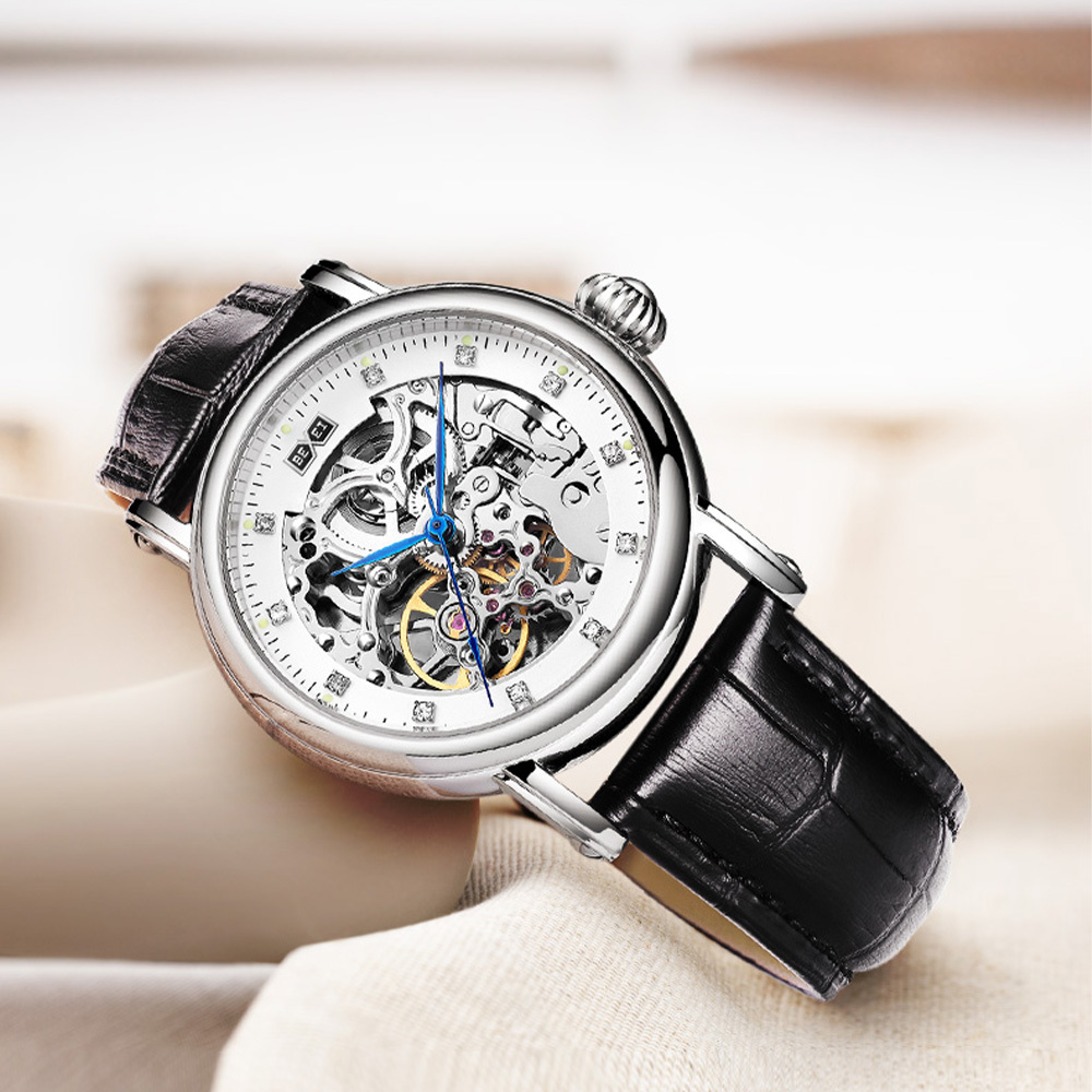 【BEXEI 貝克斯】 6109 商務 個性 休閒 百搭 皮革 機械 銀黑 手錶 腕錶