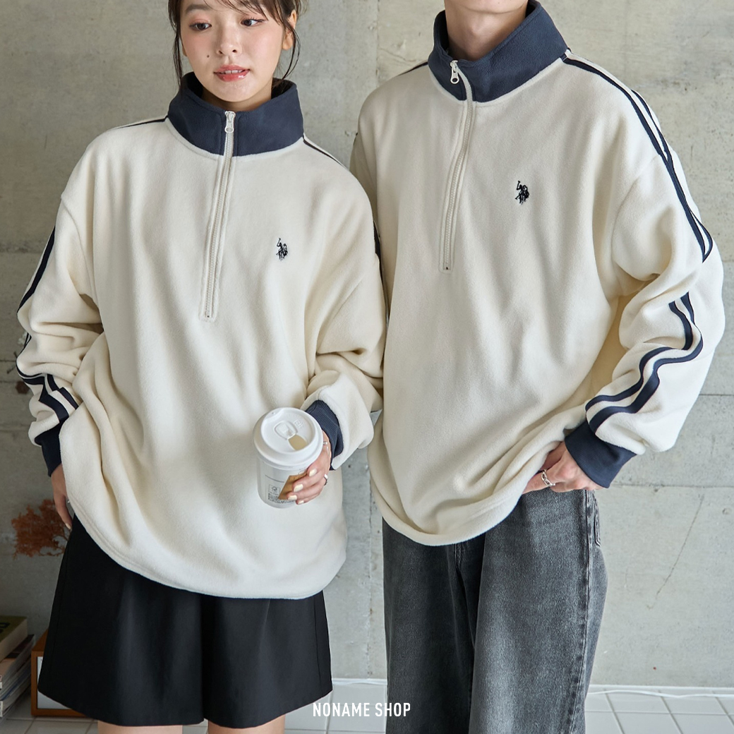 U.S.POLO ASSN 刺繡 LOGO 搖粒絨 半截式 條紋 大學T 四色 (男/女款)