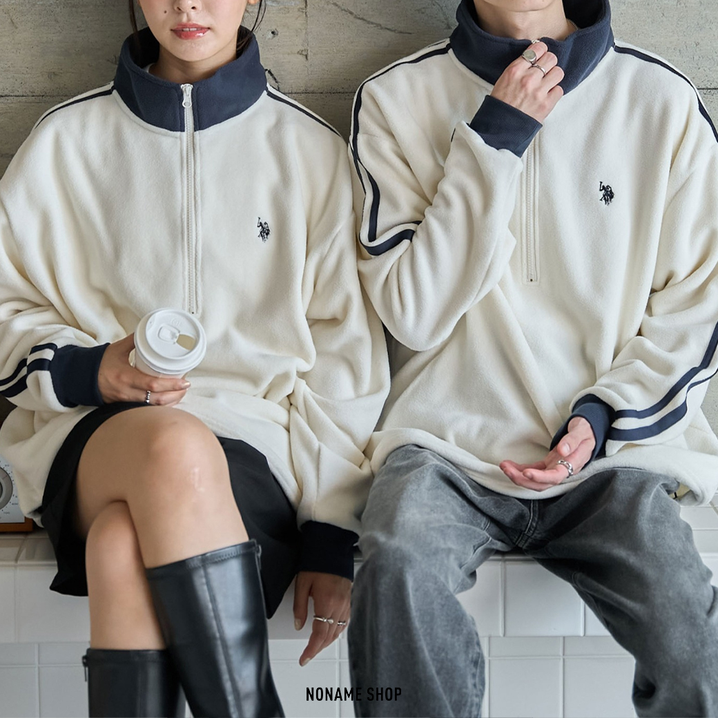 U.S.POLO ASSN 刺繡 LOGO 搖粒絨 半截式 條紋 大學T 四色 (男/女款)