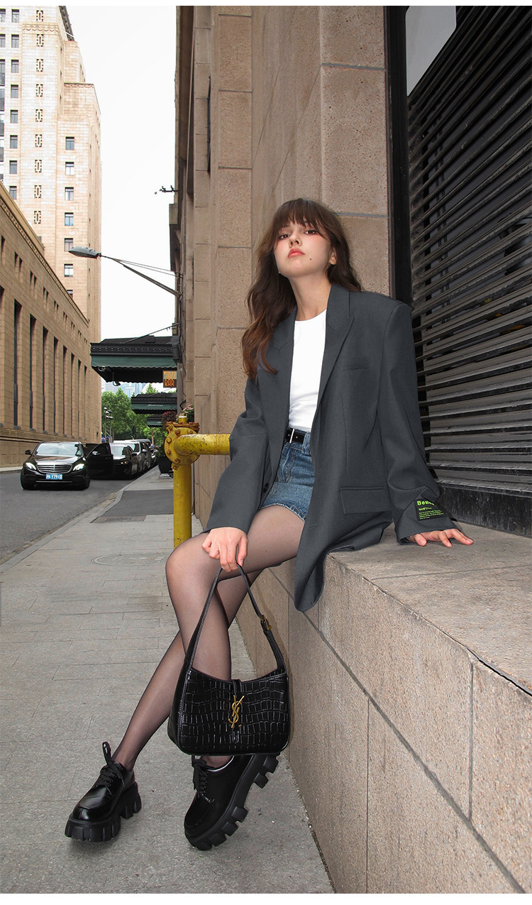 寬版簡約西裝外套(灰/黑)