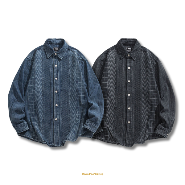 日系幾何拼接牛仔襯衫