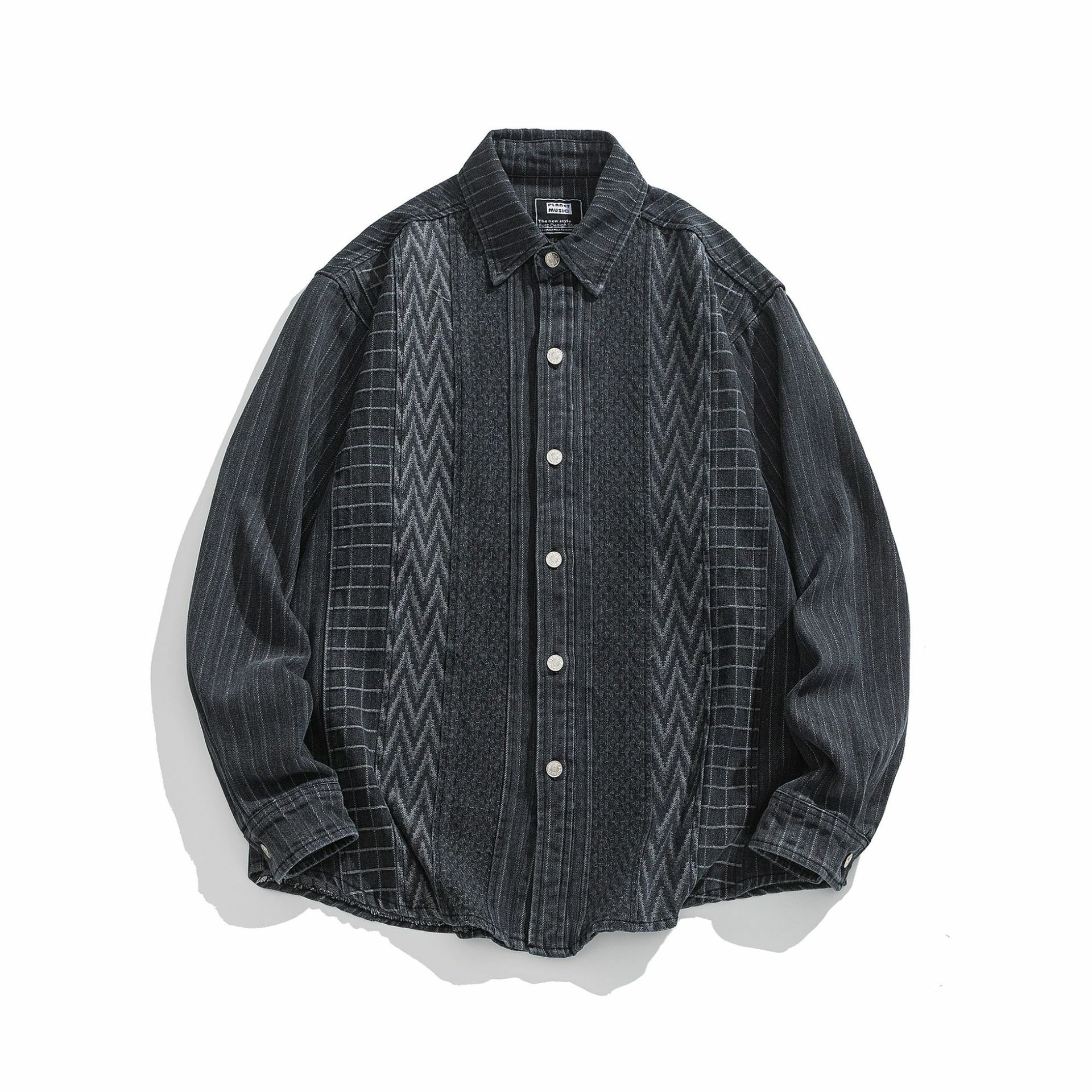 日系幾何拼接牛仔襯衫