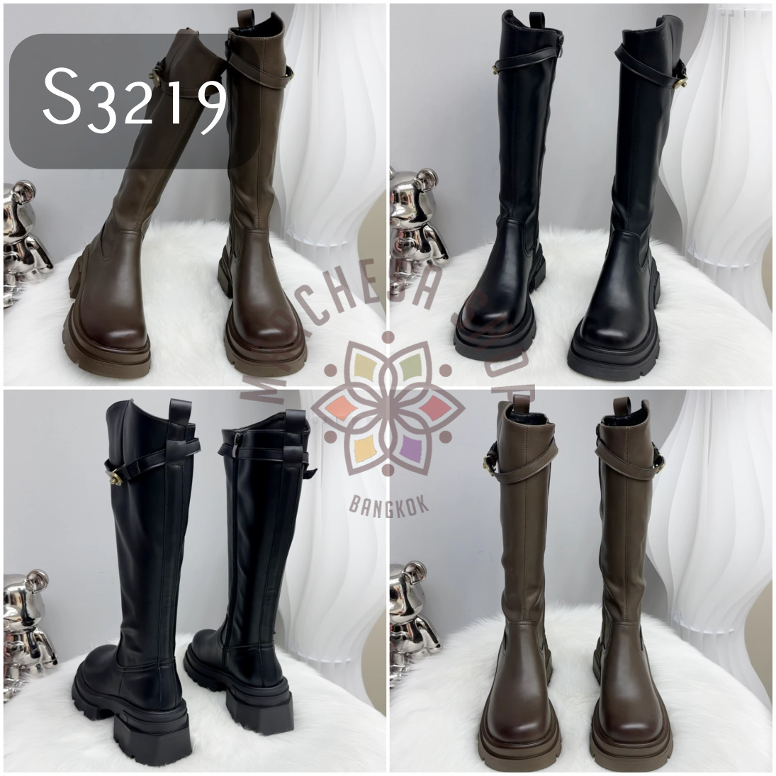 S3219 - 全真皮羊軟皮側拉鏈一字扣方頭厚底長靴