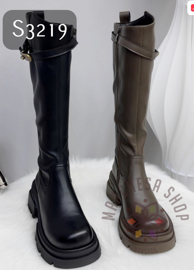 S3219 - 全真皮羊軟皮側拉鏈一字扣方頭厚底長靴