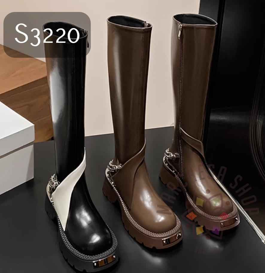 S3220 - 全真皮羊皮側拉鏈銀片搭帶銀鏈圓頭厚底長靴