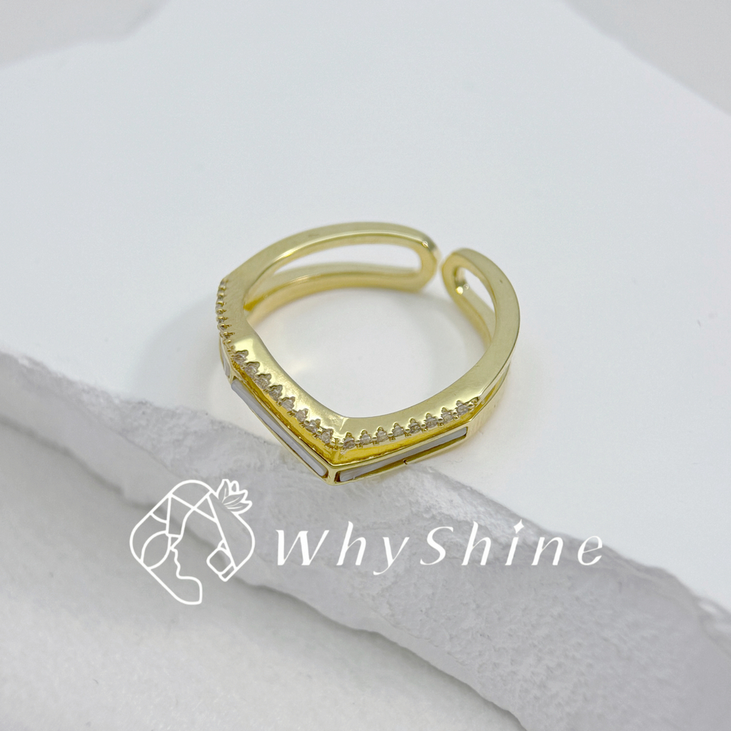 雙圈V型母貝鑲鑽戒指