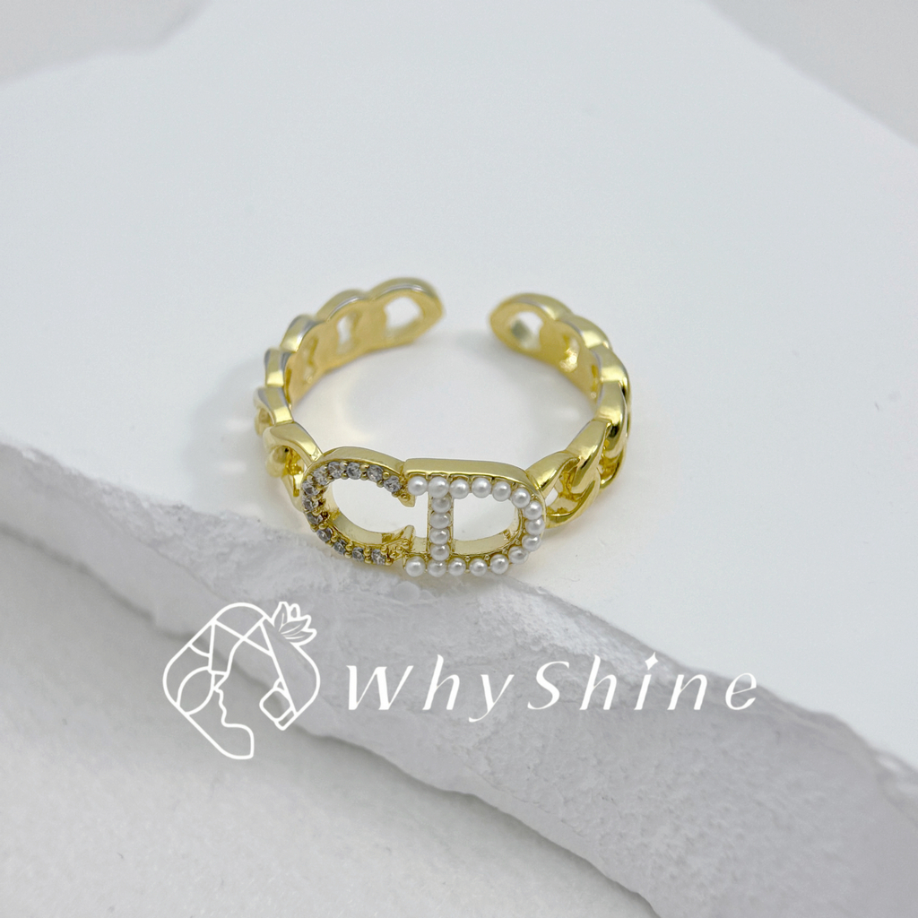 CD字母珍珠碎鑽戒指