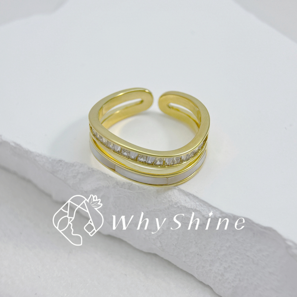 弧形雙圈母貝鑲鑽戒指