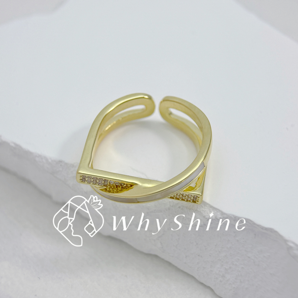 雙圈DO型交叉母貝碎鑽戒指