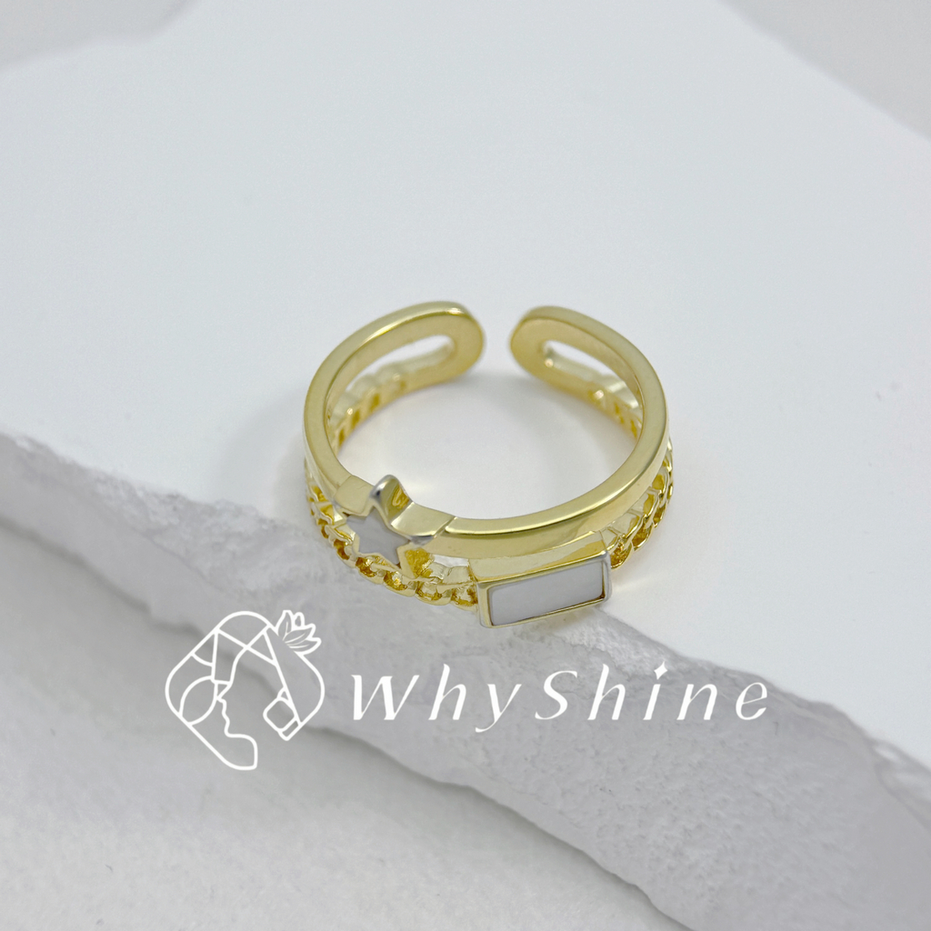 雙圈星星方塊母貝戒指