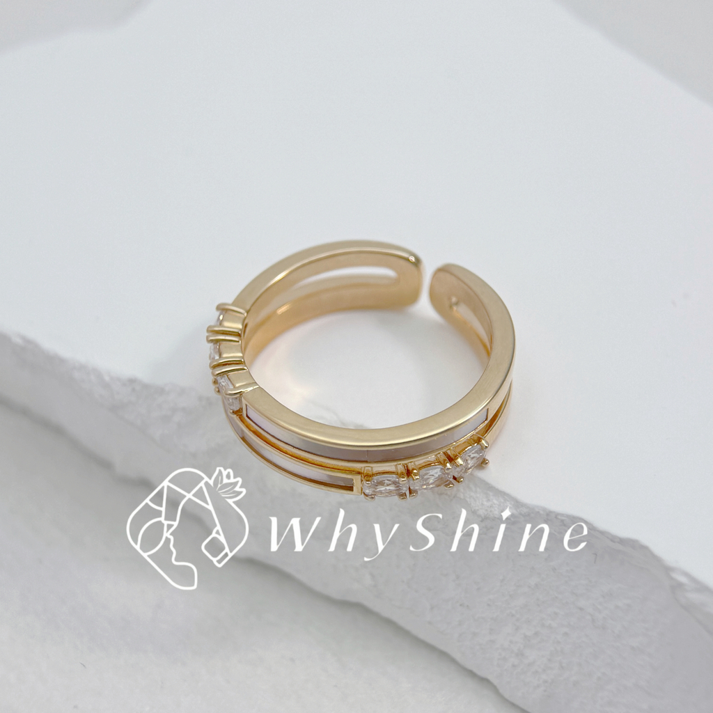 玫瑰金雙圈母貝鑲鑽戒指