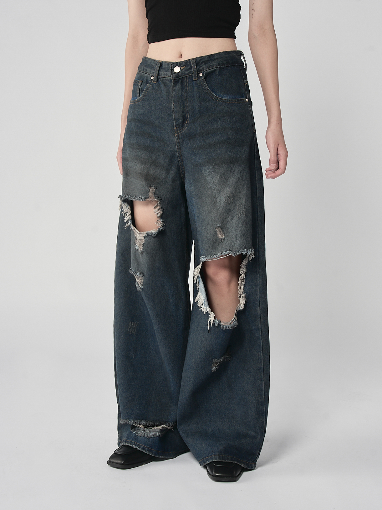 藍黑色破洞牛仔長褲