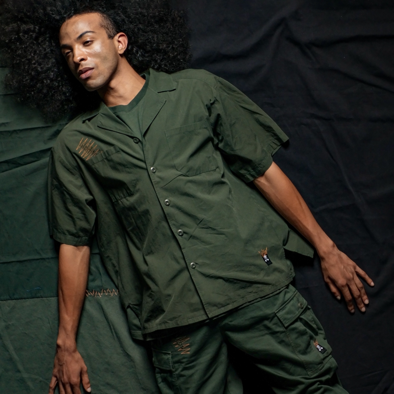 補丁雙口袋短袖襯衫-陸軍綠