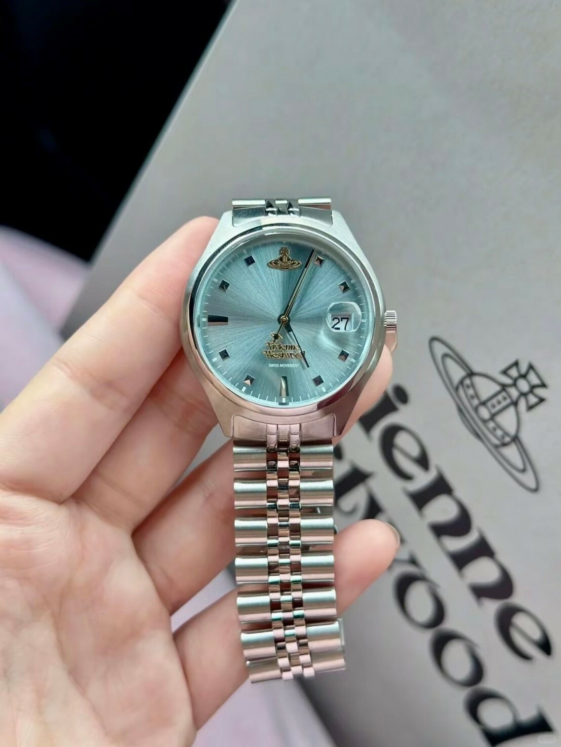 限時五折 Vivienne Westwood 質感冰藍土星Logo手錶 女錶 石英機芯 精鋼錶帶 西太后