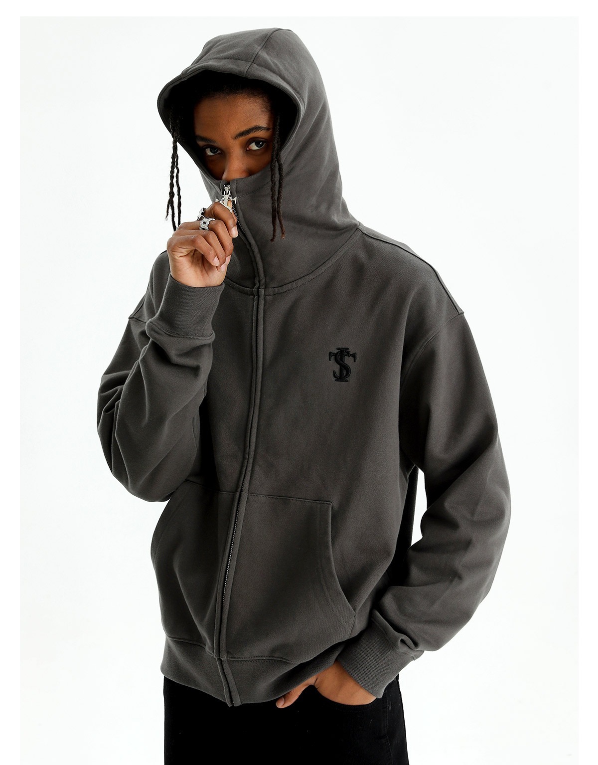 STK SmallTownKid LOGO拉鍊 遮面高領 連帽外套