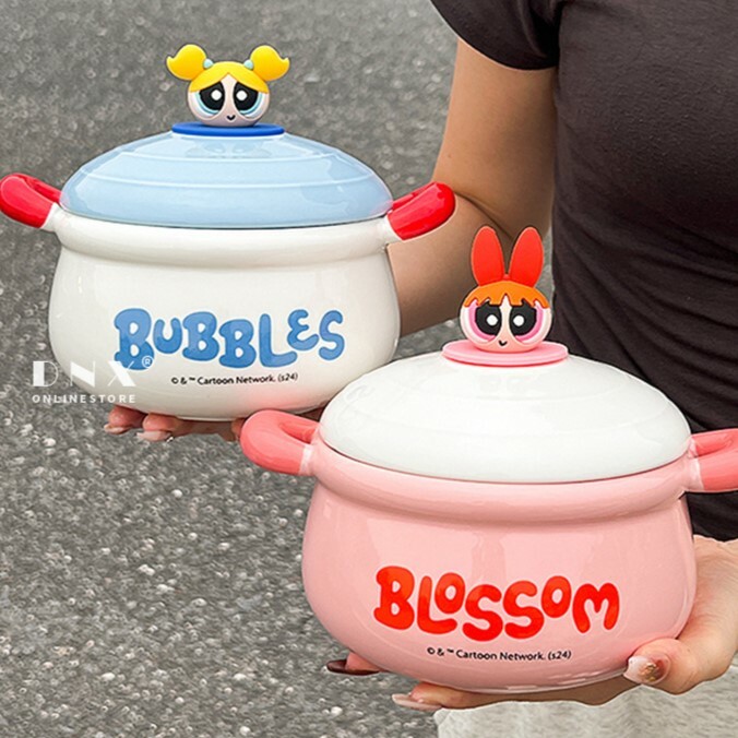 《4851》飛天小女警大容量陶瓷雙耳帶蓋泡麵碗