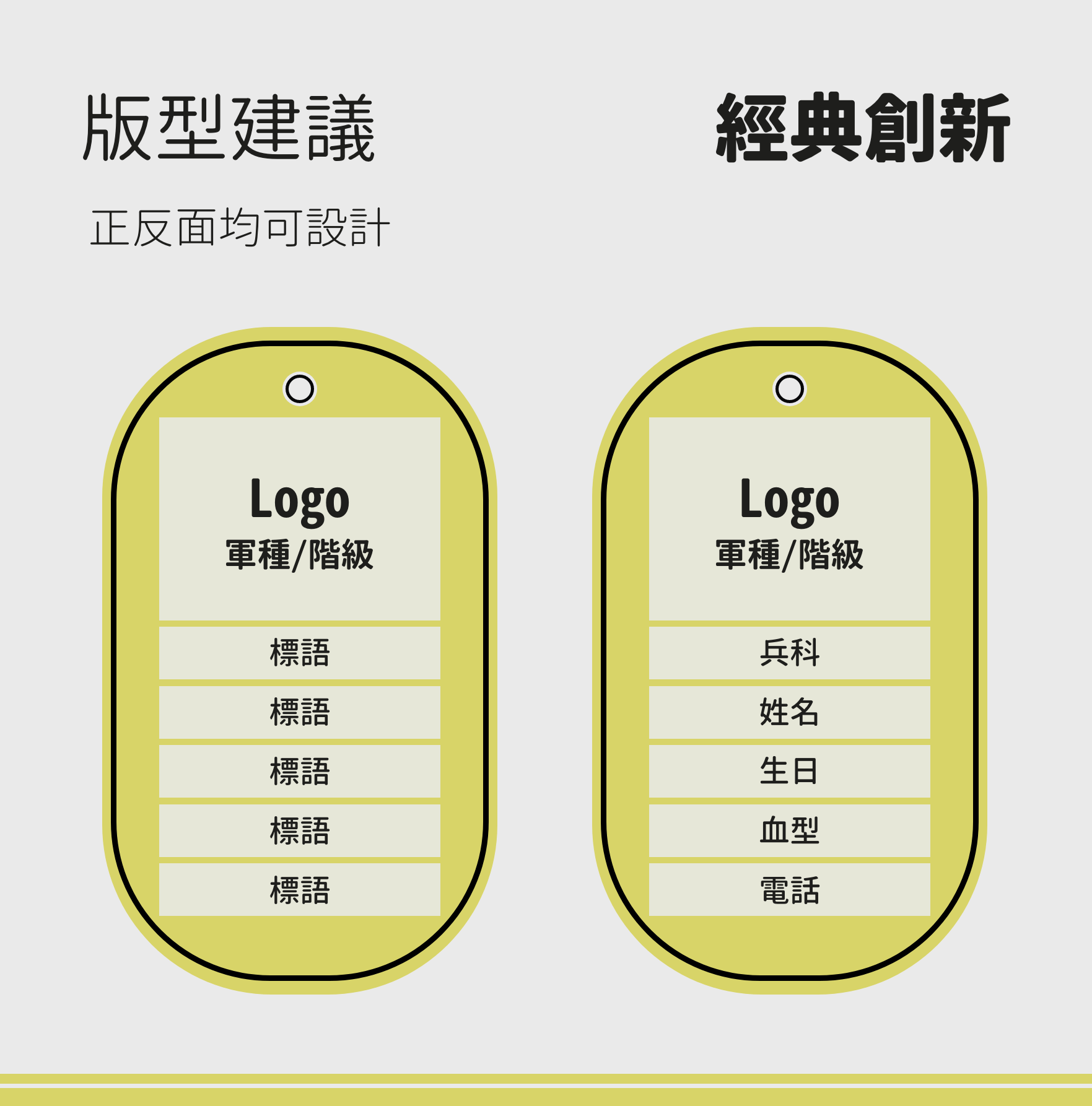 精密雕刻 細節至上 技術革新,為你的標識賦予全新質感 傲骨裝備 MilRoad 軍途系列,採用創新的雷射雕刻技術,這與傳統的刻蒃打印方式截同。雷射雕刻不僅精確度極高,更能提供深度的客製化選擇,不只文字,細緻圖片如軍種、旅級部隊徽章、甚至個人化圖片,都能精準刻印在軍牌表面,字體及圖案長久而清晰。