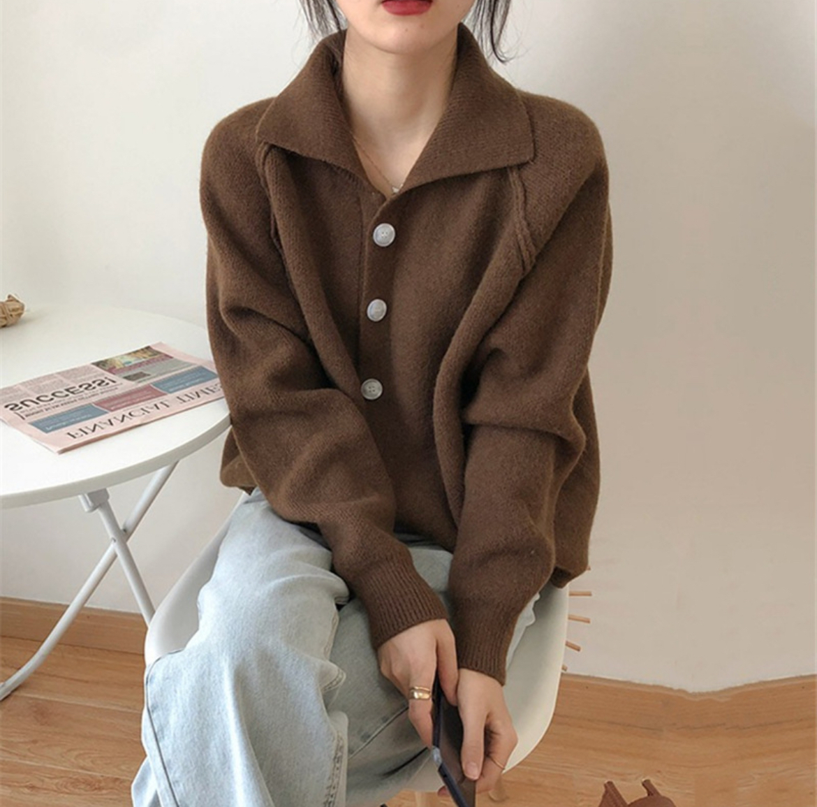 正韓ᴷᴼᴿᴱᴬ 🇰🇷新款翻領復古風針織開衫毛衣外套（四色）