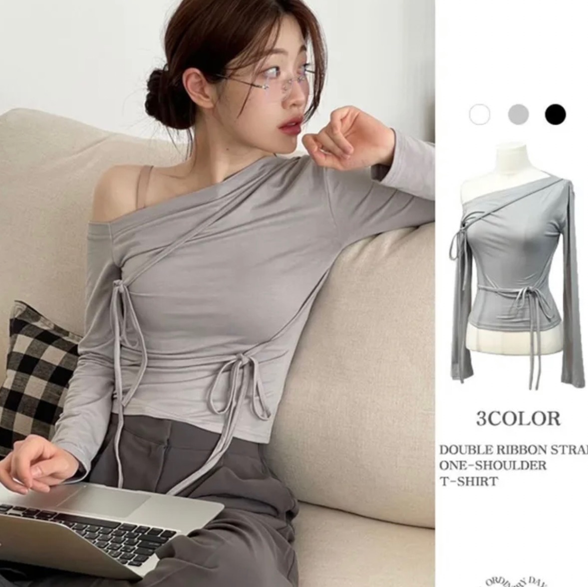 【優惠預訂】KR DOUBLE RIBBON STRAP ONE SHOULDER TOP（3色）