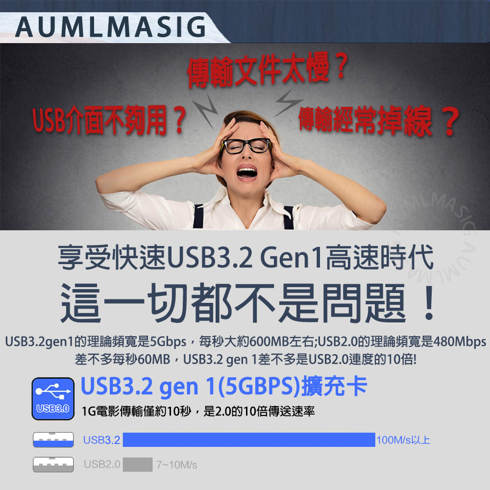 AUMLMASIG USB3.2 GEN1 7Port 19PIN 前置擴充卡 5 PORT USB3.2 GNE1 5GBPS + 大4Pin輔助外接供電介面與前置19PIN(USB3.0*2) 雙核心Rensas(NEC)晶片組